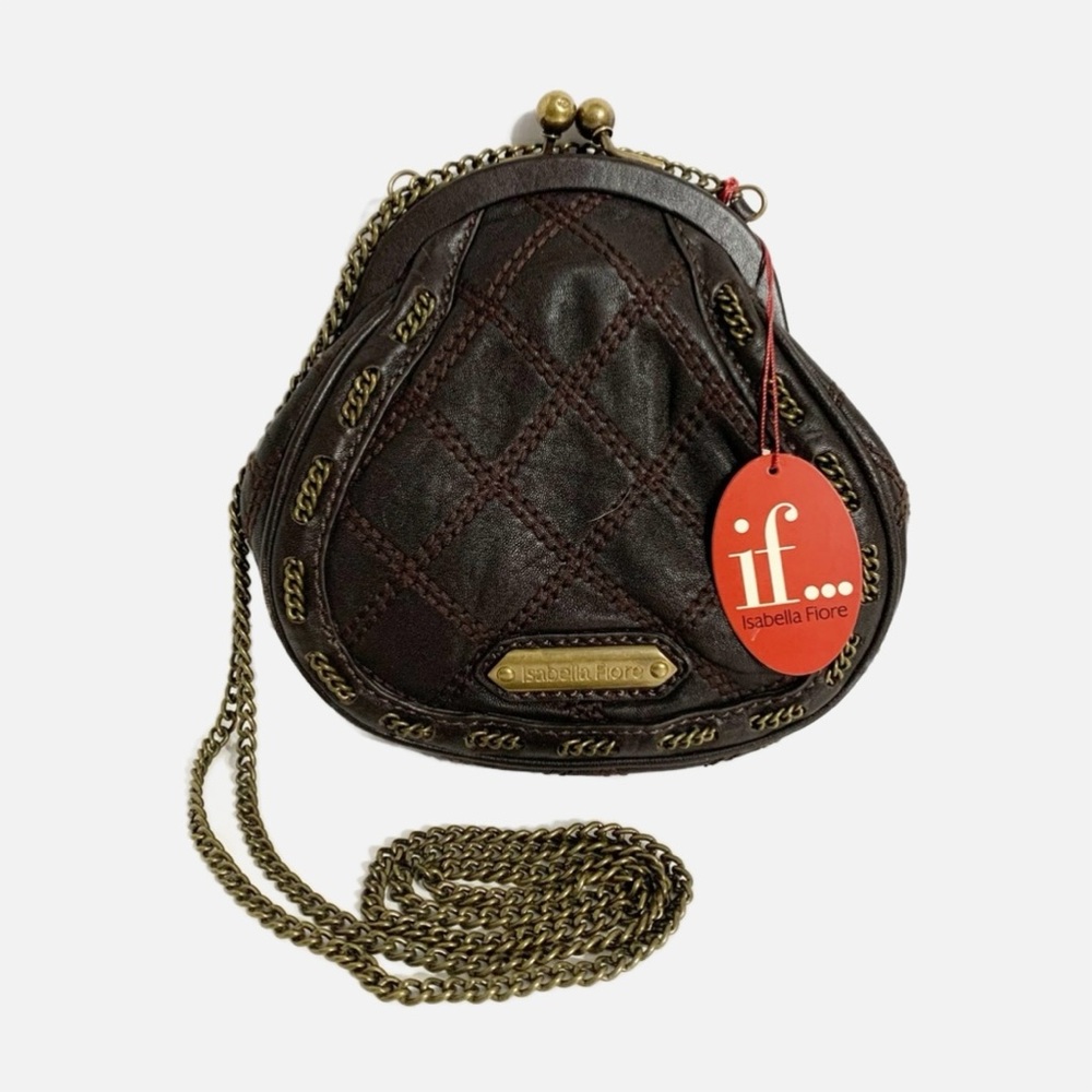 NWT Isabella Fiore Leather Chain Rhonda Bag Kiss Lock Closure Stitched Design